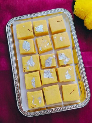 Two-ingredient mango ice cream barfi with saffron