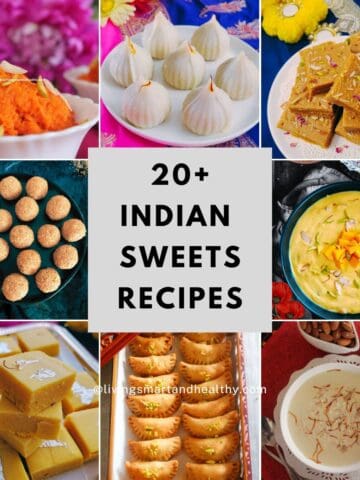 Assorted Indian sweets on a festive platter – colorful burfi, laddoo, gulab jamun, and kaju katli arranged for celebration.